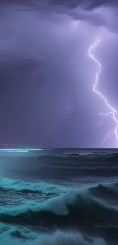 Lightning storm over ocean with dramatic waves and purple sky.