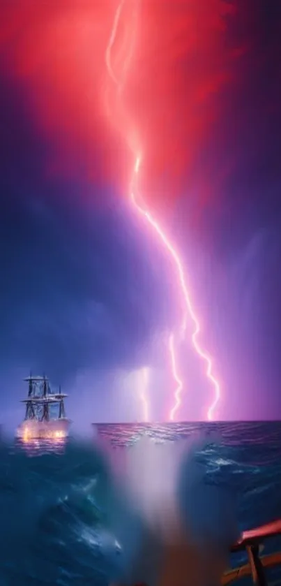 Dramatic lightning over ocean with ship and vibrant sky.