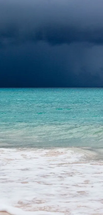 Stormy ocean horizon with dark clouds and teal water.