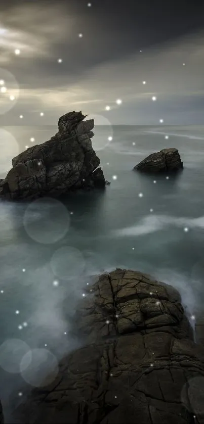 Dramatic ocean rock formation with swirling waves and moody sky.