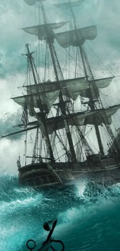 Majestic ship navigating rough seas in stormy ocean wallpaper.