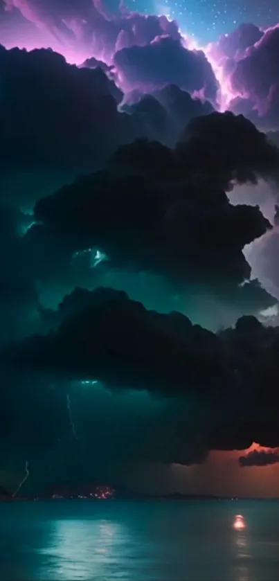 Dramatic storm clouds and lightning over a serene ocean.