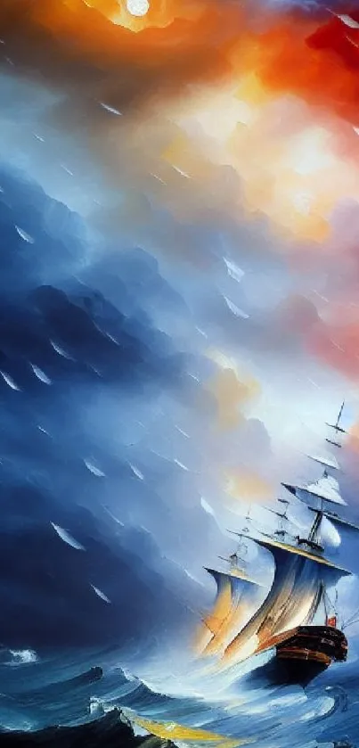 Painting of a ship in a dramatic ocean storm with vibrant sky.