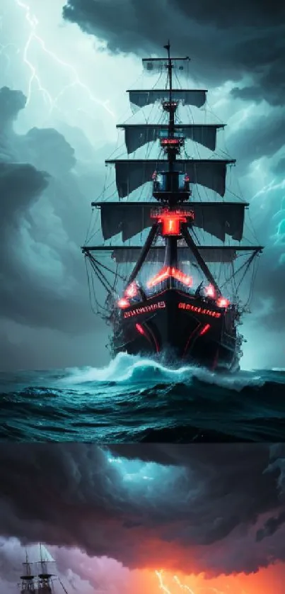 Dramatic ship in a storm with lightning and fiery skies wallpaper.