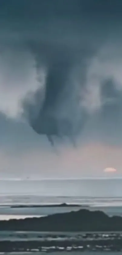 Dramatic ocean storm with clouds and sunset.