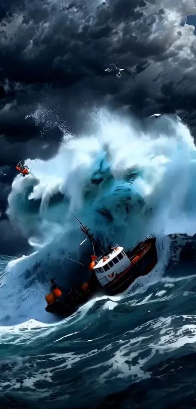 A ship caught in a powerful ocean storm with towering waves and dark clouds above.