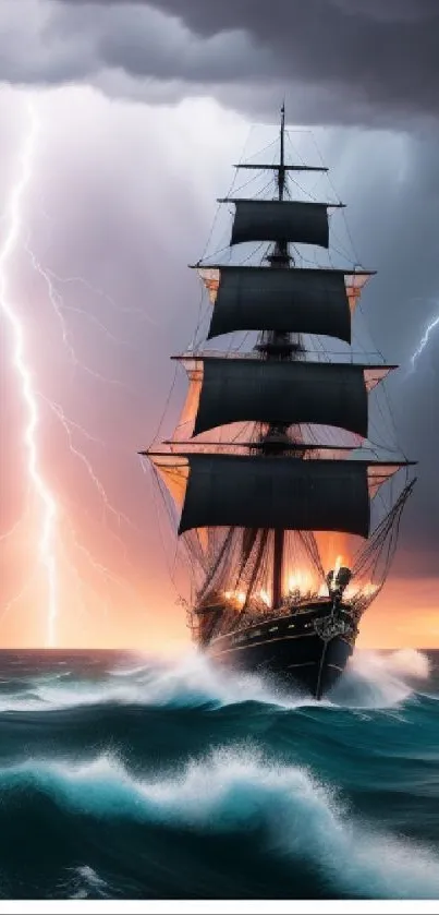 A ship sails through a lightning storm at sea, creating a dramatic scene.