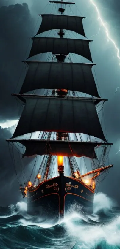 A ship braving the stormy ocean with dark clouds and lightning.