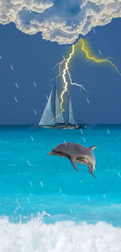 Wallpaper with ocean, storm, sailboat, and dolphin.