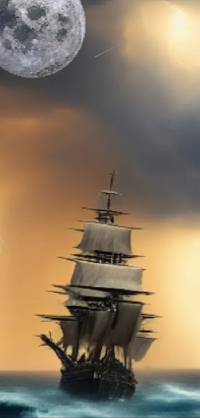 Ship sailing during a stormy night with a full moon and lightning.