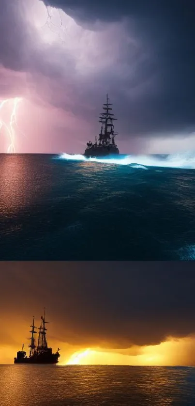 Ship amidst ocean storm with lightning and sunset.