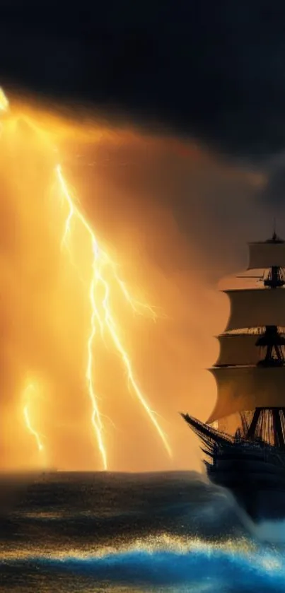 Sailing ship amidst ocean storm with lightning in a dramatic sky.