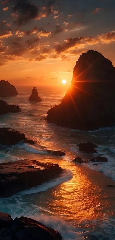 Dramatic ocean sunset with cliffs and vibrant sky.