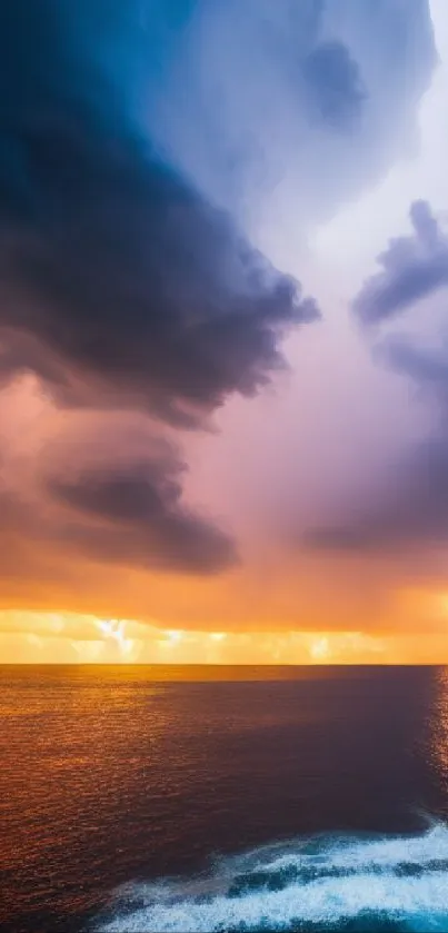 Orange sunset over ocean with dramatic clouds and serene waves.