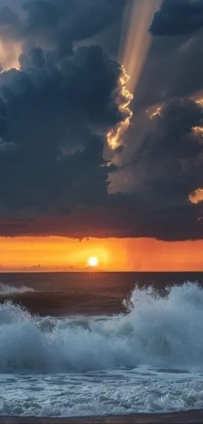 Stunning ocean sunset with dramatic clouds and waves.