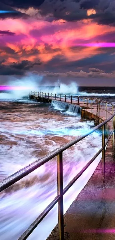 Vibrant sunset over ocean with waves against a curved railing.