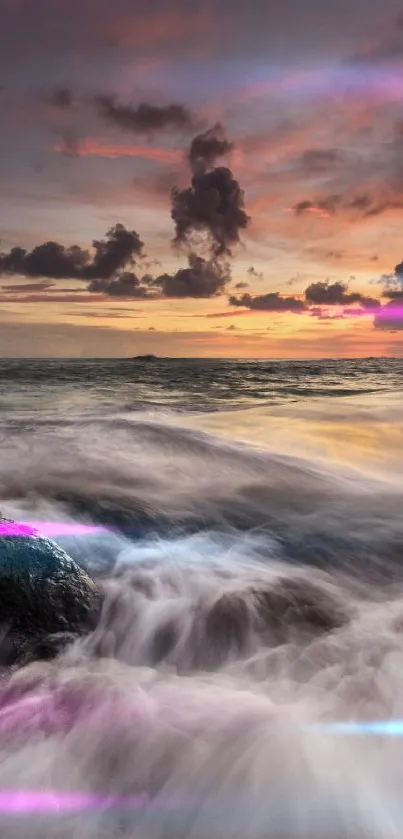 Dramatic ocean sunset with vibrant waves and colorful clouds.