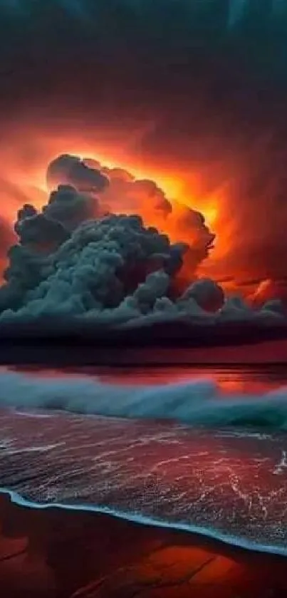 Dramatic sunset over ocean waves with vibrant clouds.