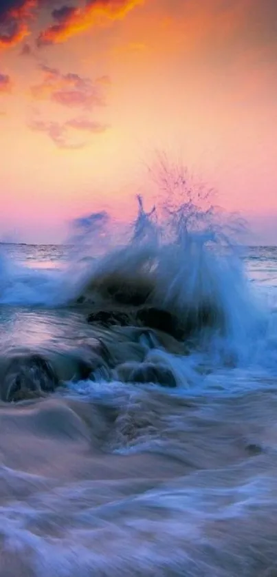 Dramatic ocean wave crashes under a vibrant sunset sky.