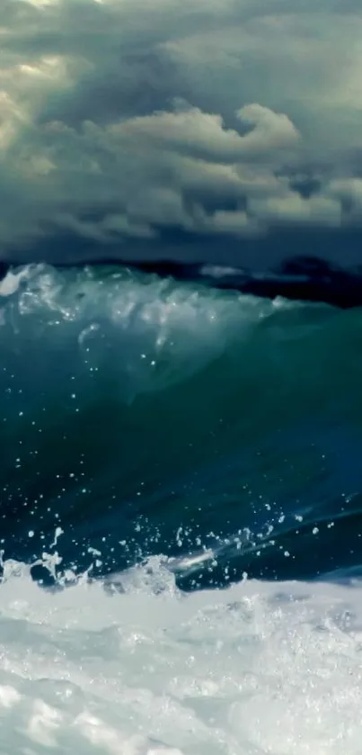 Dramatic ocean wave under a moody, cloud-filled sky.