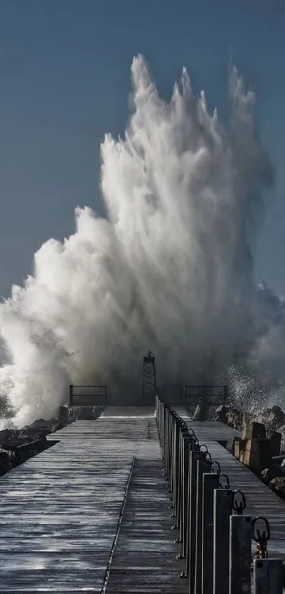 Dramatic wave crashing on a pier with stormy sea.