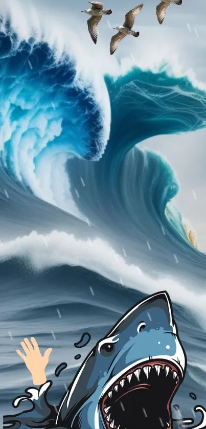 Cartoon shark and ocean waves with flying geese.