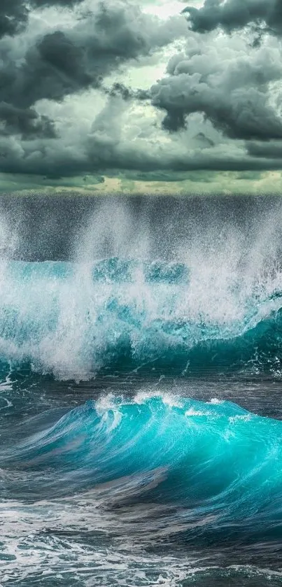 Dramatic waves crash under a stormy sky, showcasing teal ocean and dark clouds.