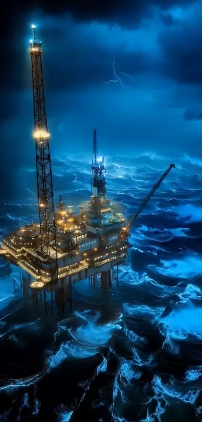 Oil rig amidst stormy ocean waves at night.