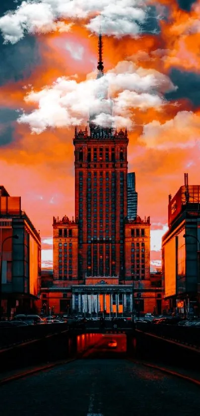 Dramatic cityscape with orange skies and towering architecture.