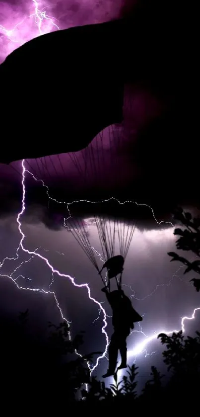 Silhouette of a parachutist against a purple lightning storm.