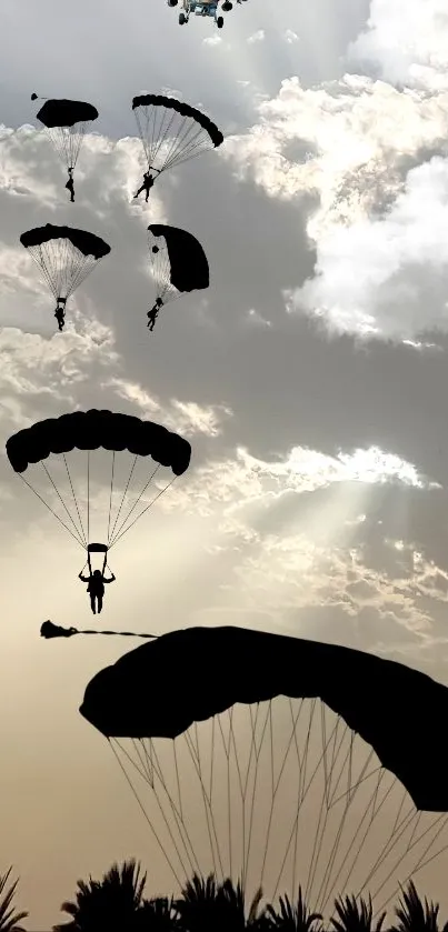 Silhouettes of parachutists in a cloudy sky.