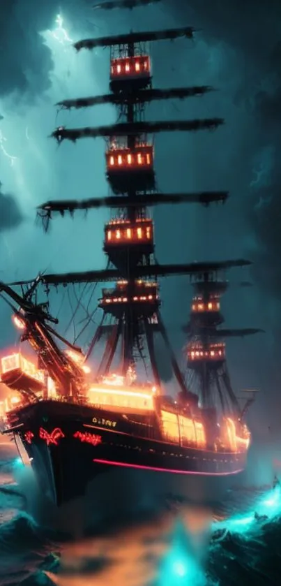 Illuminated pirate ship sails through a stormy sea under dark clouds.