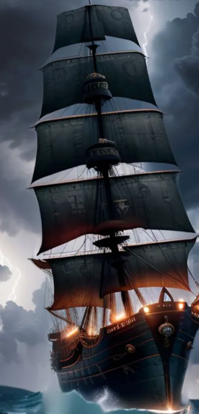 A majestic pirate ship sails through stormy seas with lightning in the background.