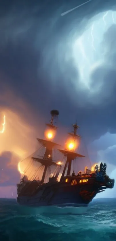 Pirate ship sailing under glowing sky with lightning and storm clouds.