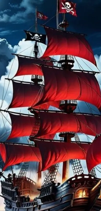 Dramatic pirate ship with red sails in moonlit sky.