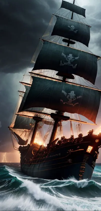 Pirate ship on stormy seas with dramatic lighting and dark skies.