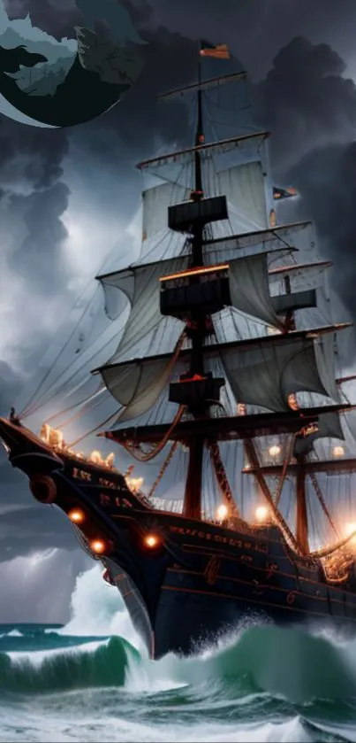 Dramatic pirate ship against stormy skies and waves.