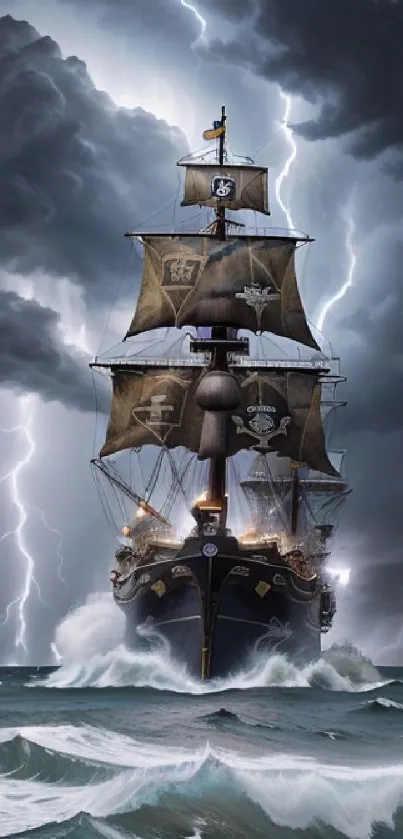 A dramatic pirate ship sails through stormy seas.