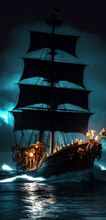 Majestic pirate ship sails through glowing blue ocean at night.