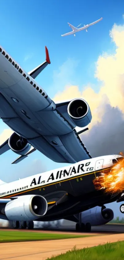 Dramatic illustration of a plane crash with explosions.