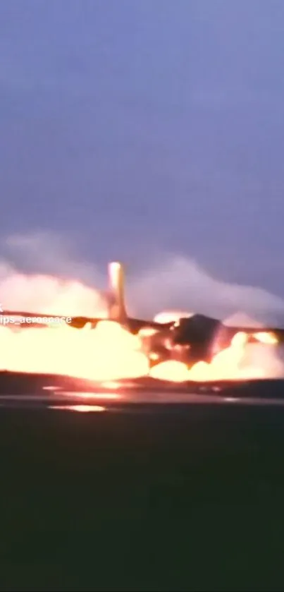 Plane engulfed in flames with a dark sky backdrop.