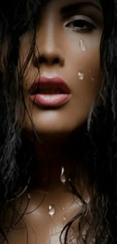 Dramatic close-up portrait of a wet woman with vibrant lips.