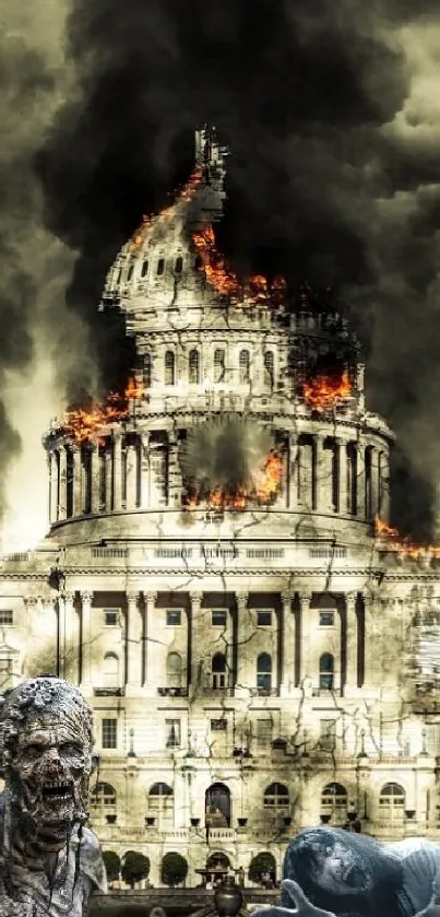 Post-apocalyptic scene with burning building and stormy sky.