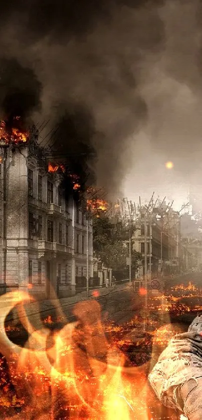 A lone soldier sits amidst a city in flames in a dramatic scene.