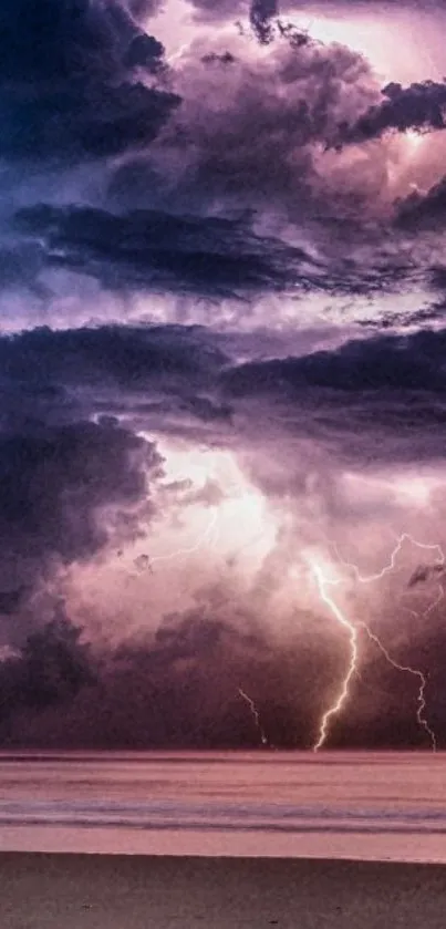 Dramatic purple sky with lightning over the ocean background.