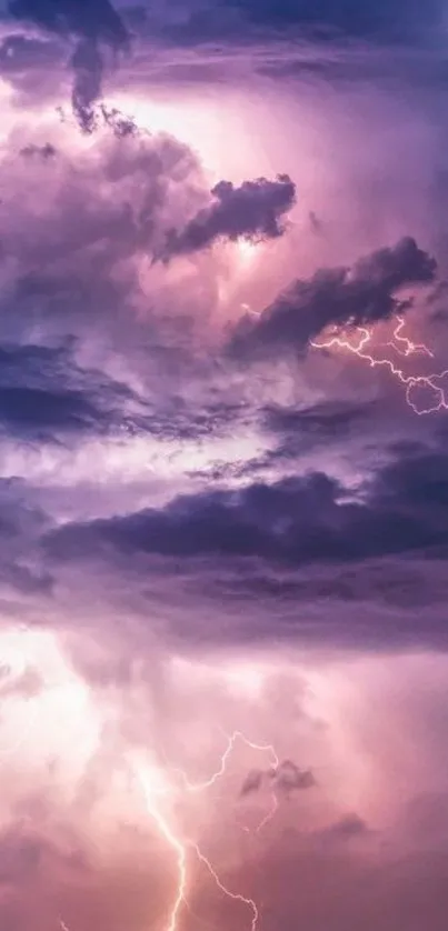 Dramatic purple lightning storm with clouds.