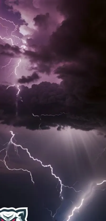 Purple lightning storm with dramatic clouds.