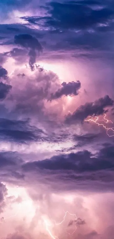 Purple thunderstorm clouds with lightning on a dramatic sky.