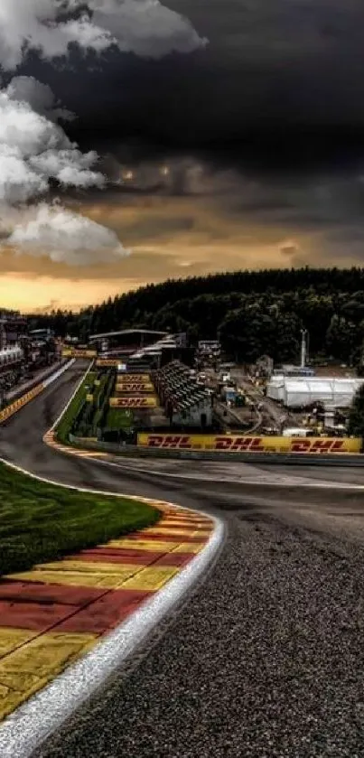 Dramatic race track under a cloudy sky, perfect for mobile wallpaper.