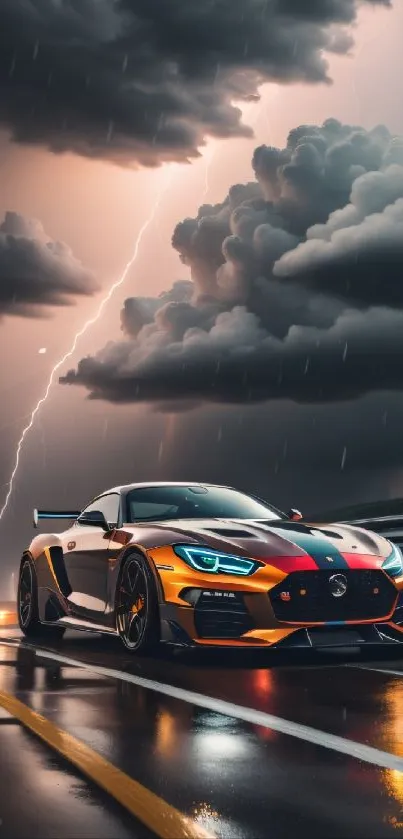 Racing car on a stormy road with lightning in the sky.